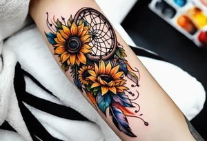 Dreamcatcher and sunflowers forearm sleeve tattoo idea