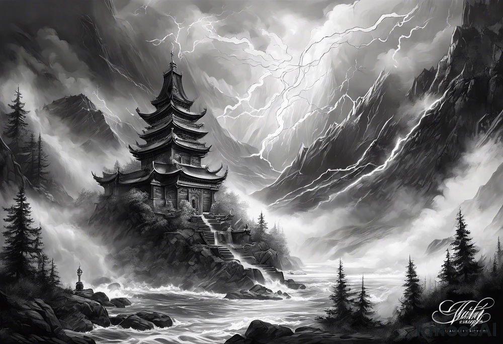 Valhalla mist fog lightning tattoo idea
