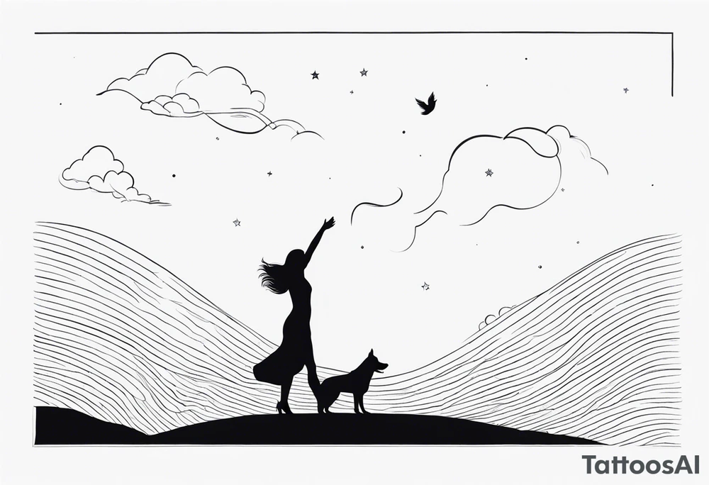 dog in the sky reaching hand of a woman and woman as her back facing us tattoo idea