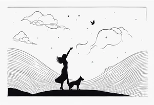dog in the sky reaching hand of a woman and woman as her back facing us tattoo idea