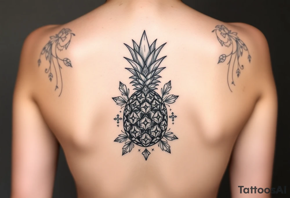 Design around a vagina and anus using a pineapple with diamonds and magestic, crown, vagina, anus, pubic tattoo idea