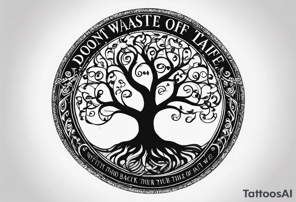 Circle of text on the hand of: don't waste tour time looking back youre not going that way. With a tree of life tattoo idea