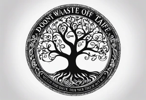 Circle of text on the hand of: don't waste tour time looking back youre not going that way. With a tree of life tattoo idea