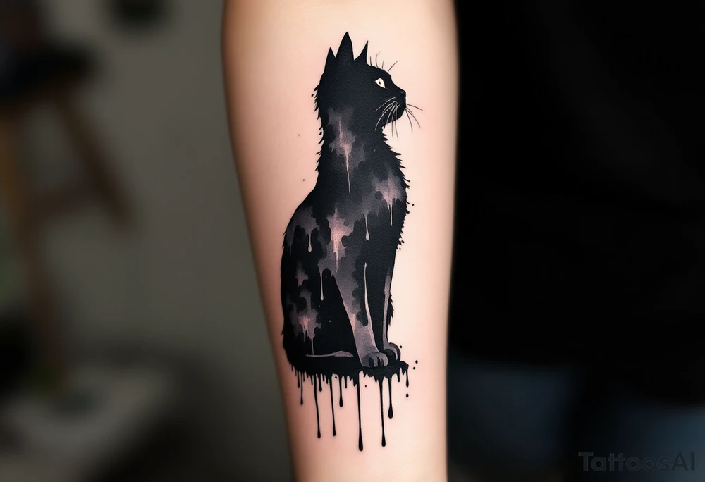 Ink Drip Cat Silhouette – A standing black silhouette with paint or ink dripping down from its paws, in jet black and fading gray. tattoo idea