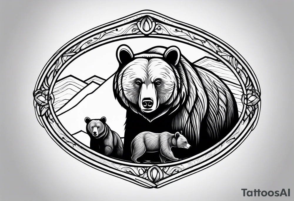 mother bear and cub enclosed in oval tattoo idea
