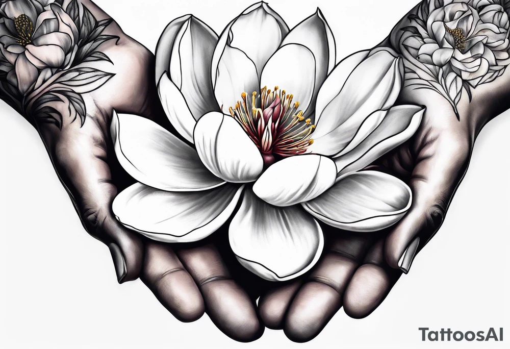 two hands holding a magnolia flower in them tattoo idea