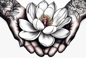 two hands holding a magnolia flower in them tattoo idea