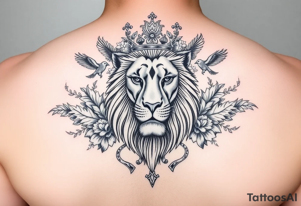 powerful majestic lion with a crown, surrounded by floral ornaments and birds tattoo idea