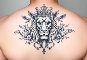 powerful majestic lion with a crown, surrounded by floral ornaments and birds tattoo idea