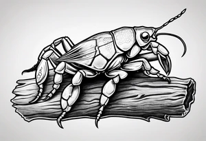 Murray crayfish holding a soccer ball with oversized claws on a log tattoo idea