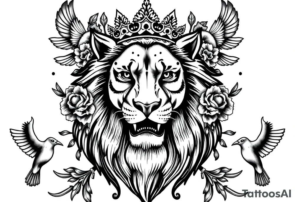 powerful majestic lion with a crown, surrounded by floral ornaments and birds tattoo idea