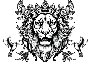 powerful majestic lion with a crown, surrounded by floral ornaments and birds tattoo idea