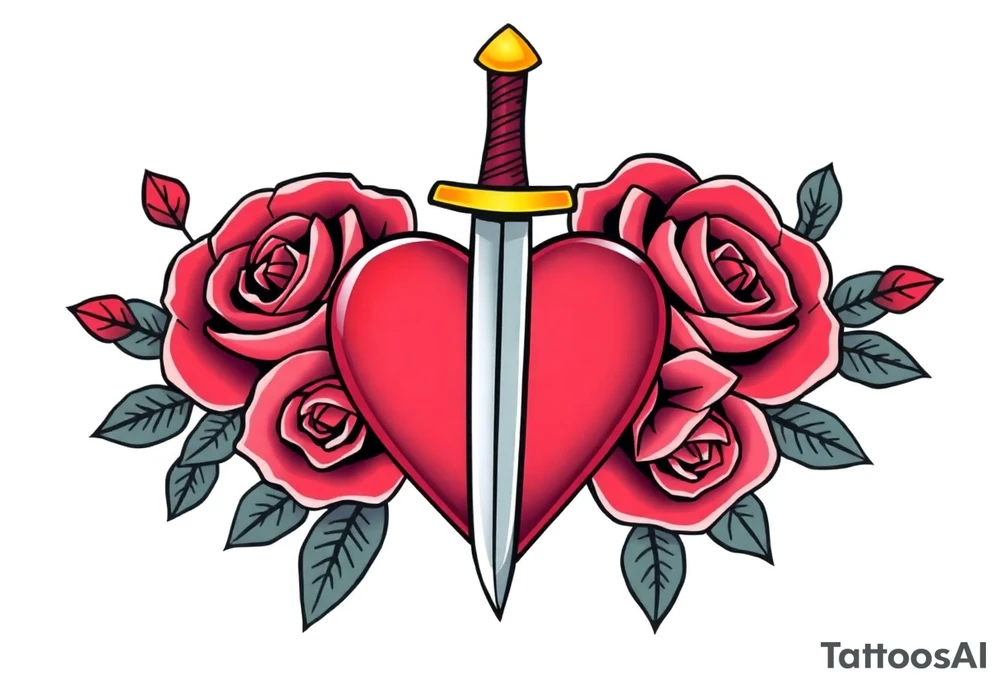 dagger piercing a heart with roses tattoo idea