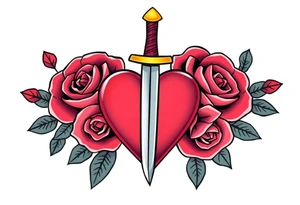 dagger piercing a heart with roses tattoo idea