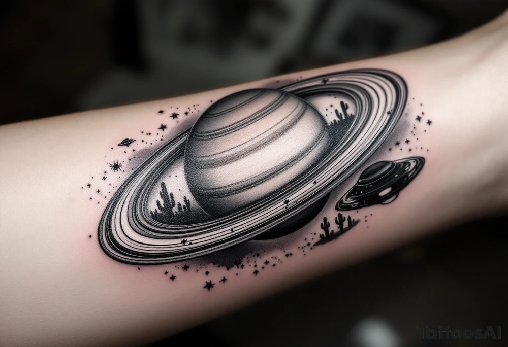 saturn with the rings being a rollercoaster track, and on the land i want the cactus jack cactus, a spider and the yeat UFO, on the forearm tattoo idea