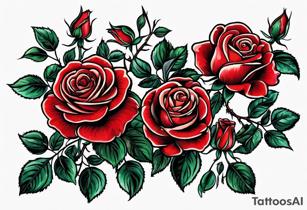 old school roses, red, highly detailed tattoo idea