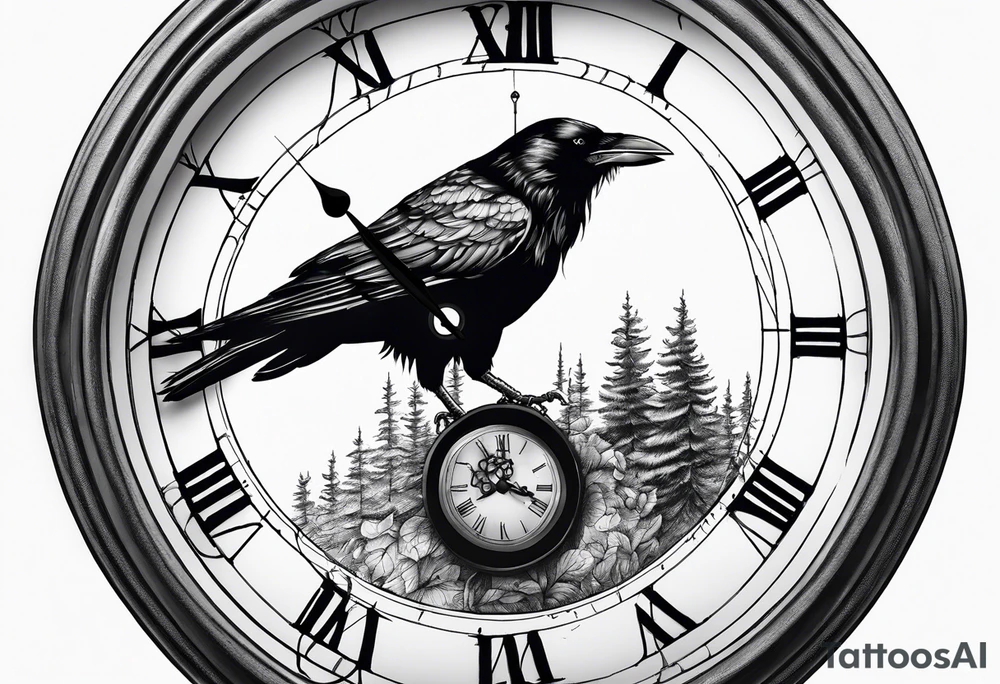 crow looking back twisted neck inside a old clock with pointers and markers being a forest tattoo idea crow looking back twisted neck inside a old clock with pointers and markers being a forest tattoo idea