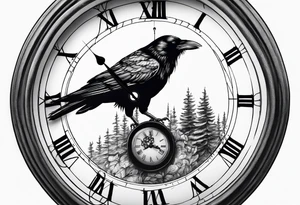 crow looking back twisted neck inside a old clock with pointers and markers being a forest tattoo idea