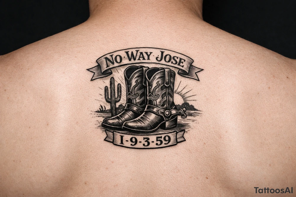 Can you do a minimalist neo, traditional Cow girl boots her birthday i9-3-59 and a banner that says no way Jose tattoo idea