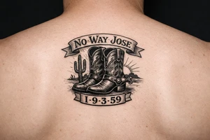 Can you do a minimalist neo, traditional Cow girl boots her birthday i9-3-59 and a banner that says no way Jose tattoo idea