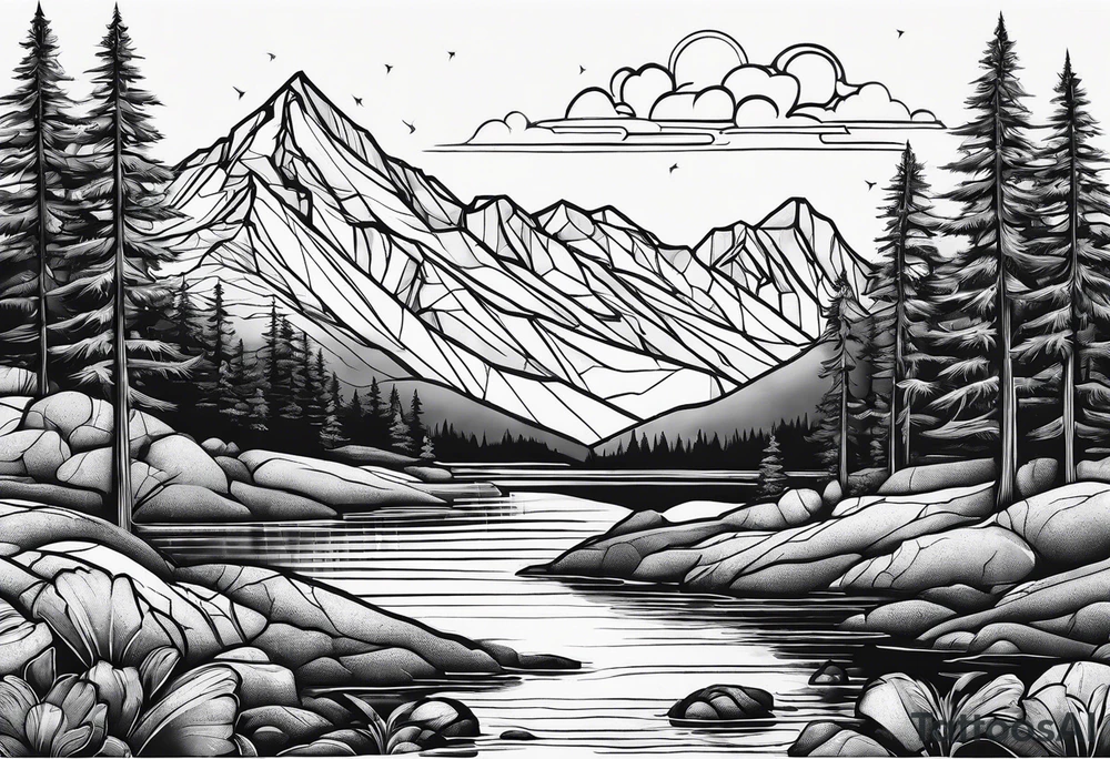 Fineline mountain scene tattoo idea