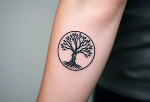 Tree with few leaves,  encircled in a spiral circle with a line starting from the center of the tree and spiraling outward, clockwise direction tattoo idea