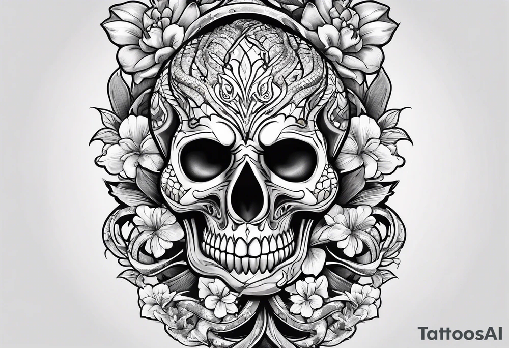 snakes in the shape of a spade with flowers tattoo idea