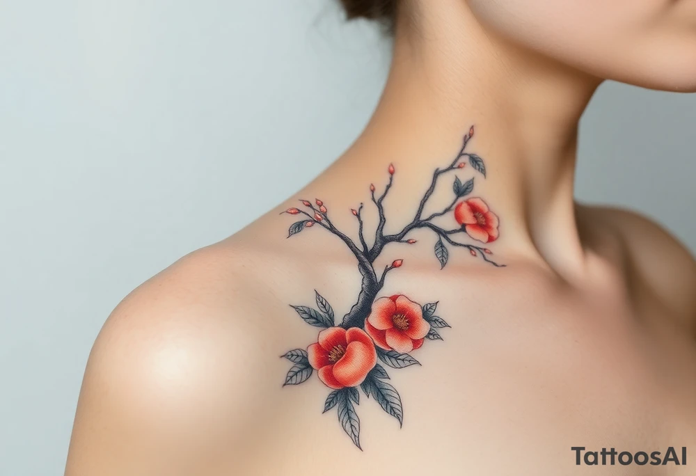 Full tree with peaches leaves, and flowers on it tattoo idea