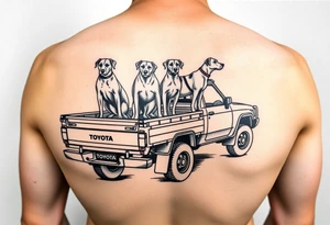 N70 toyota hilux hunting ute with dogs standing on the back of the tray tattoo idea