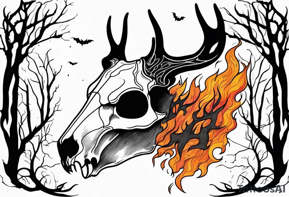 Halloween side profile of a DECAYING deer skull JUST BONE surrounded by a flames and trees in background tattoo idea