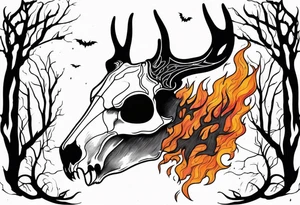 Halloween side profile of a DECAYING deer skull JUST BONE surrounded by a flames and trees in background tattoo idea