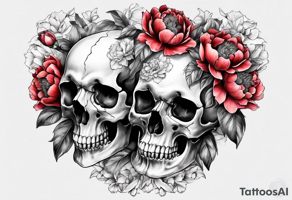 Human skull and horse skull with peonies. Big enough to fit on a female rib cage tattoo idea