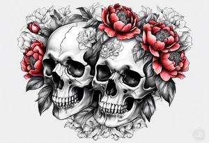 Human skull and horse skull with peonies. Big enough to fit on a female rib cage tattoo idea