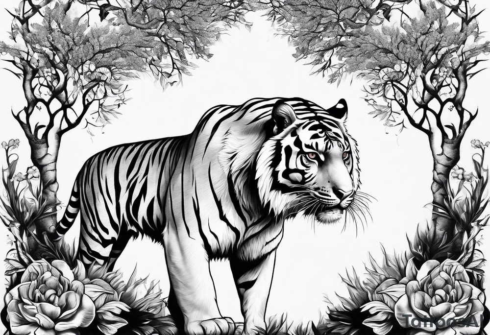 Tiger with a crown and the tree of life tattoo idea