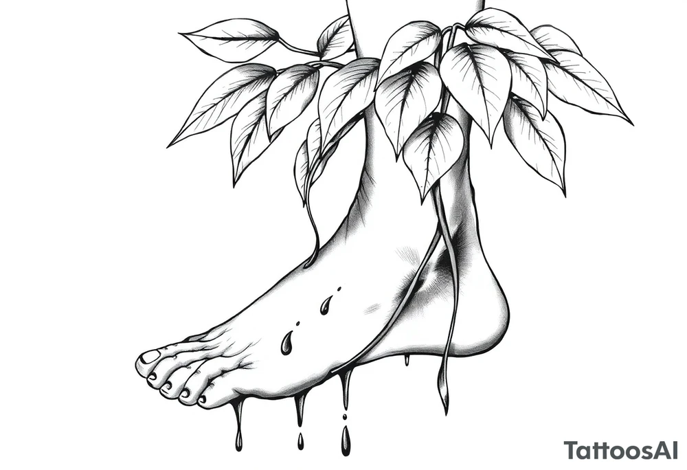 plant with long leaves, dripping like ink, growing from left foot to the cleavage tattoo idea