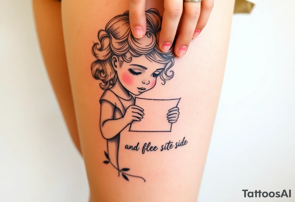 Little blond girl with curly hair mailing a letter that says to dad on the other side tattoo idea