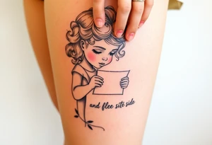 Little blond girl with curly hair mailing a letter that says to dad on the other side tattoo idea