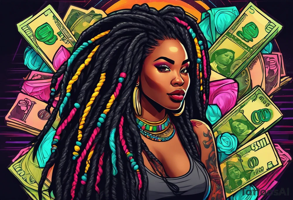 beautiful thick black women with long straight dreadlocks, new school style, holding piles of money, colorful, neon, bright, streetwear, streetstyle, urban tattoo idea