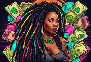 beautiful thick black women with long straight dreadlocks, new school style, holding piles of money, colorful, neon, bright, streetwear, streetstyle, urban tattoo idea