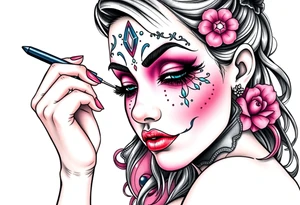 Young woman putting ritual make up on tattoo idea