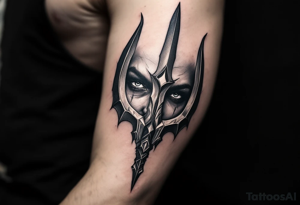 close-up face behind a trident tattoo idea