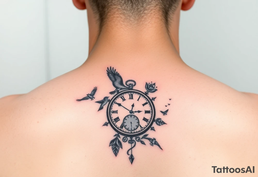 Small for arm of 
One color and rest black and white incorporating 

 and tiny little black birds and a clock tattoo idea