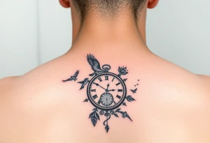 Small for arm of 
One color and rest black and white incorporating 

 and tiny little black birds and a clock tattoo idea