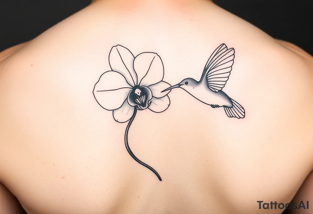 A delicate, black and white fine-line tattoo for make, featuring a gracefully detailed orchid in full bloom (stem and at least 2 flowers), with soft, intricate petals and elegant curves. Beside it, a hummingbird hovers mid-flight, its wings drawn with subtle motion lines, its slender beak reaching toward the orchid’s center to drink its nectar. The design captures a sense of balance and harmony, with the contrast between the stillness of the flower and the gentle energy of the bird. Perfectly suited for the upper arm, this piece combines nature’s beauty and movement in a timeless, minimalist style tattoo idea