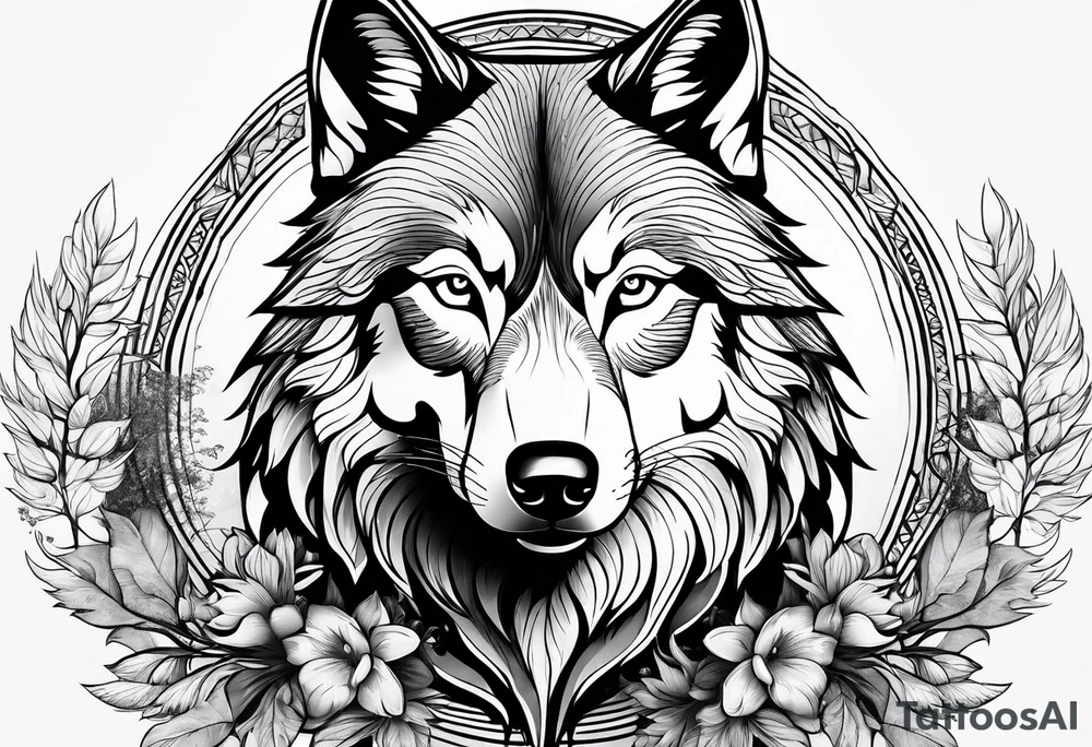 Wolf face with nature background tattoo idea