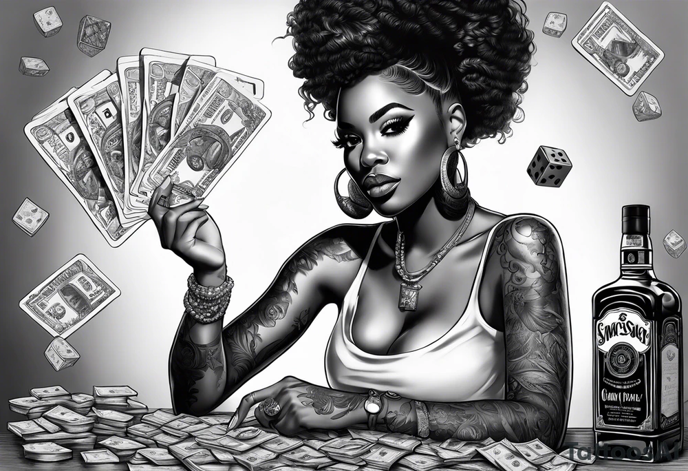 black woman bitting money dice cards whiskey tattoo idea