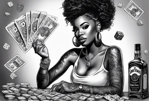 black woman bitting money dice cards whiskey tattoo idea