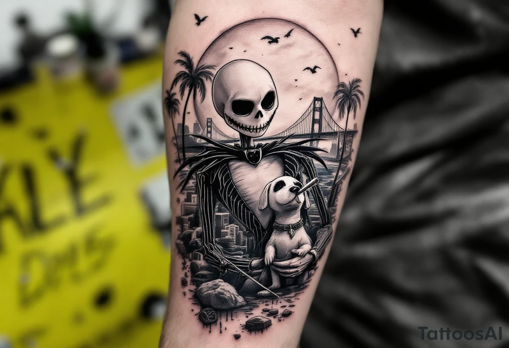 jack skellington with dog,smoking a blunt and fishing,surrounded by city buildings,golden gate bridge, birds, palm trees, tattoo idea