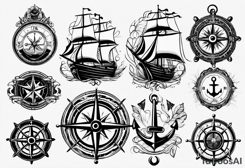 Combined tattoo with various nautical elements like anchor, compass and other nautical elements tattoo idea