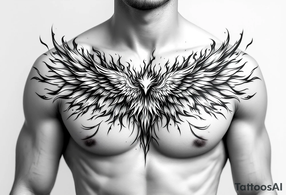 Realistic and symmetrical flaming Phoenix rebirth with spread low wings surrounded by fire mapped onto chest only
Phoenix head must be in the middle of the chest, straight and symmetrical 
Fire should be surrounding spread wings
Wings should be spread low only on chest muscle tattoo idea